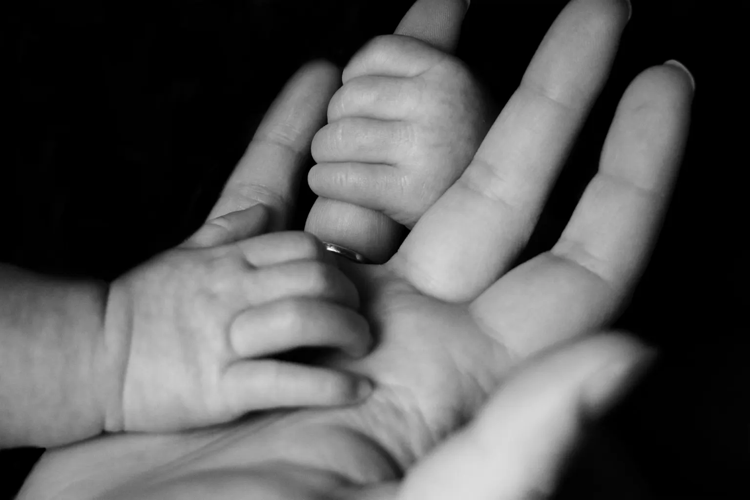 A newborn baby's hand resting in a parent's palm